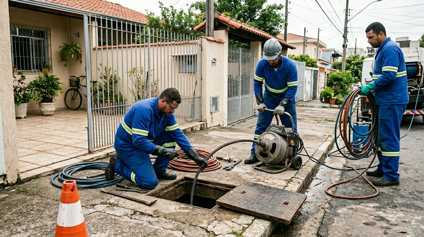 Equipe de desentupimento de esgoto em Campina Grande-PB